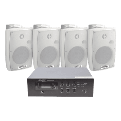 KIT de Amplificador de 120W para Escritorio | 4 Altavoces de Pared color Blanco 2.5W - 20W | Sistema 70/100V