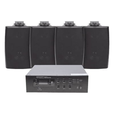 KIT de Amplificador de 120W para Escritorio | 4 Altavoces de Pared color Negro 2.5W - 20W | Sistema 70/100V