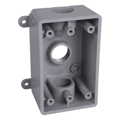 Caja Impermeable de 1 Gang / Profundidad de 2 Pulgadas (5.08 cm) / Cuenta con 3 Salidas Roscadas para Tubería de 1/2 Ó 3/4 / Color Gris