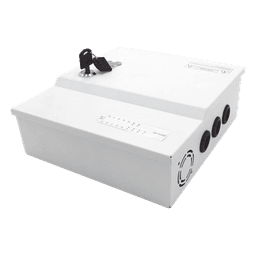 Fuente de poder profesional de 12 Vcc @ 16 A / para 16 cámaras / Con capacidad de batería de respaldo / Requiere batería / Voltaje de entrada de 96-264 Vca 