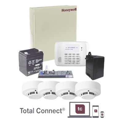 Kit de panel de alarma de 48 zonas con gabinete, transformador, batería y 4 detectores de humo, compatible con serie inalámbrica 5800