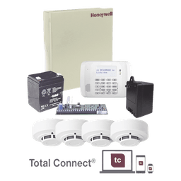 Kit de panel de alarma de 48 zonas con gabinete, transformador, batería y 4 detectores de humo, compatible con serie inalámbrica 5800