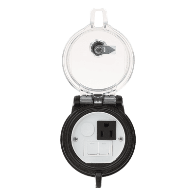 Dispositivo Circular de Puertos de Acceso a Datos, Con Dos Espacios Para Módulos Mini-Com y Un Receptáculo NEMA 5-15R, Protección IP66, de 3" de Diámetro