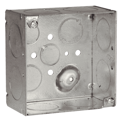 Caja Cuadrada Galvanizada de 4" x 4"/ Profundidad de 2 1/8" /8 Entradas 1", 3 Entradas 1/2" y  2 Entradas 3/4"/ Soldada.
