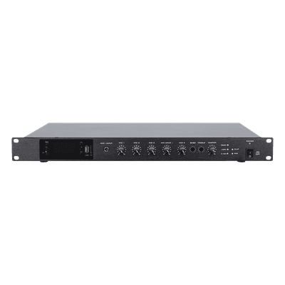Amplificador de Audio | 1 canal | 350 W | Sistema 100V y Baja Impedancia | 4 Entradas de Micrófono Balanceadas | Bluetooth | USB | SD | FM | Montaje en Rack