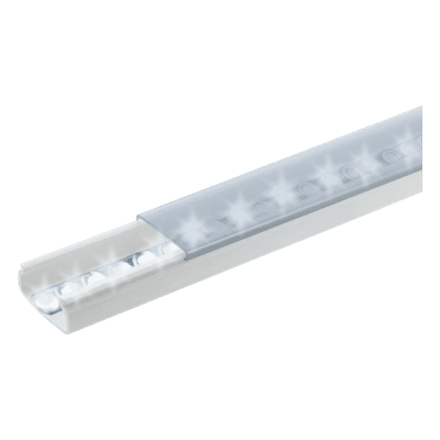 Difusor para tira LED con tapa transparente de PVC auto extinguible, ideal para colocar iluminación, 20 x 10mm, tramo de 1.53 m con cinta Autoadherible.