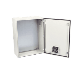 Gabinete Ventilado de Acero IP55 Uso en Exterior (400 x 600 x 250 mm) con Placa Trasera Interior Metálica y Compuerta Inferior Atornillable. Incluye Ventilador, Ventilas, filtros, Chapas y Llave T.