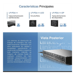 PDU para Distribución de Energía, Montaje en Rack, 11 salidas, Instalación Horizontal, de 19in, 1U, 15 Amp, 120 Vca, Con Indicador Led Y Display 