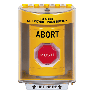 Botón de Abortar, Texto en Ingles, Tapa Protectora de Policarbonato Súper Resistente, Momentaneo