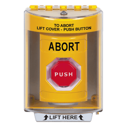 Botón de Abortar, Texto en Ingles, Tapa Protectora de Policarbonato Súper Resistente, Momentaneo