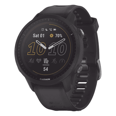 Reloj Garmin Forerunner 955 solar color negro en correa de silicón, con funciones premium de entrenamiento.