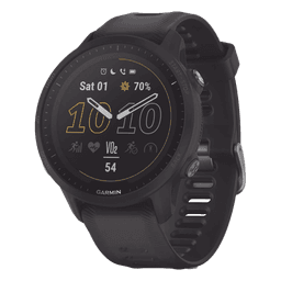 Reloj Garmin Forerunner 955 solar color negro en correa de silicón, con funciones premium de entrenamiento.