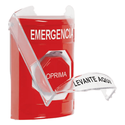 ​​Botón Multipropósito, Color Rojo, De Superficie, Con Tapa De Policarbonato, Con Bocina Pre Alarma, Solo Interior, Llave Para Restablecer, Texto De Emergencia, Español