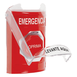 ​​Botón Multipropósito, Color Rojo, De Superficie, Con Tapa De Policarbonato, Con Bocina Pre Alarma, Solo Interior, Llave Para Restablecer, Texto De Emergencia, Español