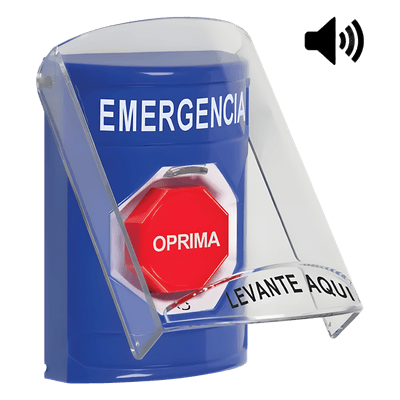 Botón Multipropósito, Color Azul, De Superficie, Con Tapa De Policarbonato, Con Bocina, Para Interior, Girar Para Restablecer, Texto De Emergencia, Español