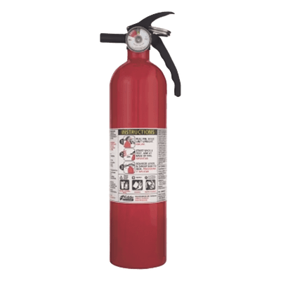 Extintor desechable de polvo químico seco multipropósito de 2.5 lb para fuegos clase A, B y C, con soporte de correa plástico