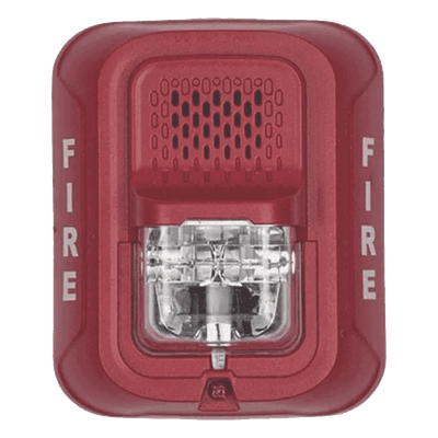 Sirena con lámpara estroboscópica de 4 hilos para pared, 12 o 24 Vcd, candela seleccionable hasta 185 cd, texto FIRE, color rojo