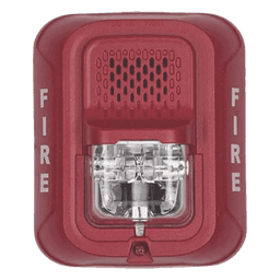 Sirena con lámpara estroboscópica de 4 hilos para pared, 12 o 24 Vcd, candela seleccionable hasta 185 cd, texto FIRE, color rojo