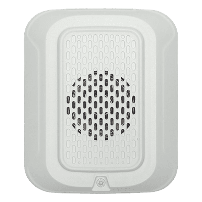 Sonorizador de baja frecuencia de 520 Hz para pared, 24 Vcd, cumple NFPA 72 en áreas de descanso, tonos temporal y continuo, color blanco