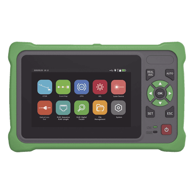 OTDR Touch para Pruebas en los Enlaces de Fibra Óptica / Longitudes de Onda 1310nm y 1550nm / Función VFL 10mW / Función OPM / Función de Mapeo de Cables de Red RJ45 / Recargable / Distancia de Prueba de hasta 260 Kilóme
