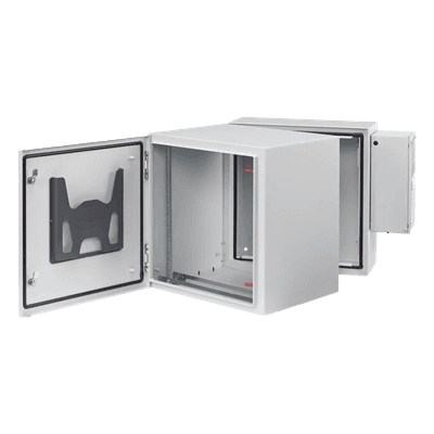 Gabinete Industrial ProTek de 12 UR Puerta Sólida de 612 x 600 x 789 mm Con Aire Acondicionado de 2000 BTU, Protección NEMA Tipo 4/12; IP66; IK10, Abatible, Fabricado en Acero, Color Gris Claro