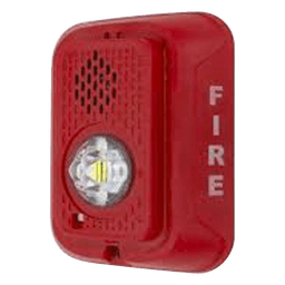 Sirena con estrobo LED de 2 hilos para pared, 24 Vcd, candela seleccionable hasta 185 cd, puntos de prueba DVM, color rojo