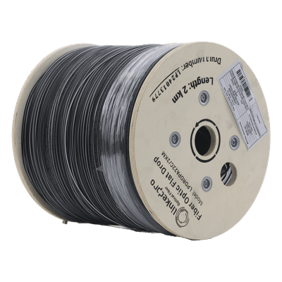 Carrete de 2 km de Fibra Óptica Drop Plana, Interior/Exterior G.657A2 Monomodo de 2 Hilos (Bifibra), Dieléctrica, Forro Negro, (No Soporta Conectores Mecánicos)