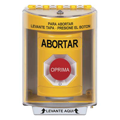 Botón de Abortar, Texto en Español, Tapa Protectora de Policarbonato Súper Resistente, Girar para restablecer