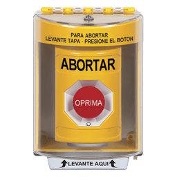 Botón de Abortar, Texto en Español, Tapa Protectora de Policarbonato Súper Resistente, Girar para restablecer