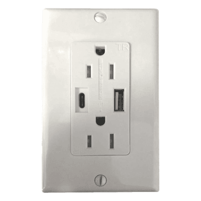 Contacto Dúplex con puertos USB Tipo A y C, 15 A, 100 - 240 V, USB 5 V, Incluye la Placa.