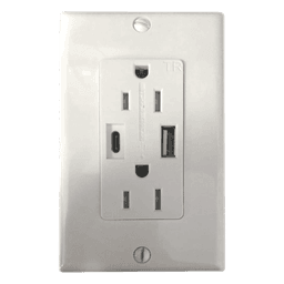 Contacto Dúplex con puertos USB Tipo A y C, 15 A, 100 - 240 V, USB 5 V, Incluye la Placa.