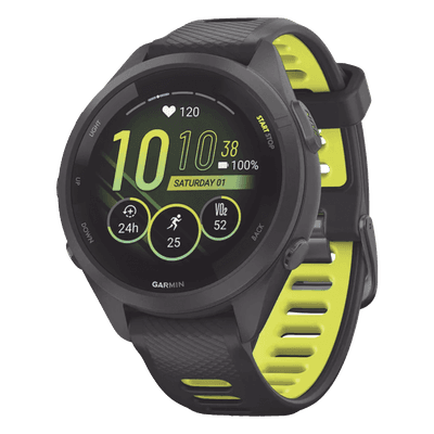 Forerunner® 265S, Bisel y carcasa en negro con correa de silicona en negro/amarillo