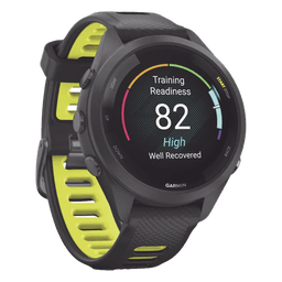 Forerunner® 265S, Bisel y carcasa en negro con correa de silicona en negro/amarillo