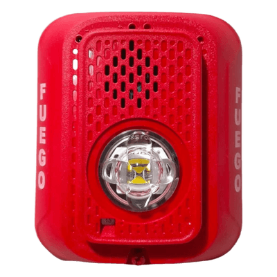 Sirena con lámpara estroboscópica LED de 2 hilos para pared, candela seleccionable, marcaje en español FUEGO, compatible con SpectrAlert