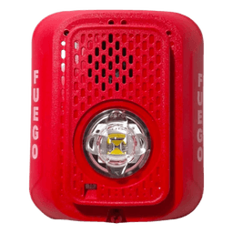 Sirena con lámpara estroboscópica LED de 2 hilos para pared, candela seleccionable, marcaje en español FUEGO, compatible con SpectrAlert