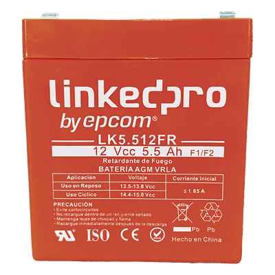 Batería de respaldo 12 V |  5.5 Ah |  AGM  | Certificada UL94-V0 Retardante a la Flama  | Especial para Seguridad Electrónica | UPS | Sistemas de Emergencia | Vida útil 5 años | Terminales F1  + Adaptador F2