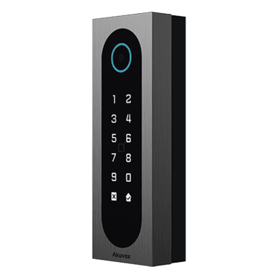 Control de Acceso Slim Akuvox A08S / Aluminio y Vidrio Templado / IP65 & IK09 / Capacidad para 20,000 Tarjetas / Métodos de Acceso Multi (QR, Bluetooth, PIN, RFID) / Soporta Wiegand / 1 Salida de Relay
