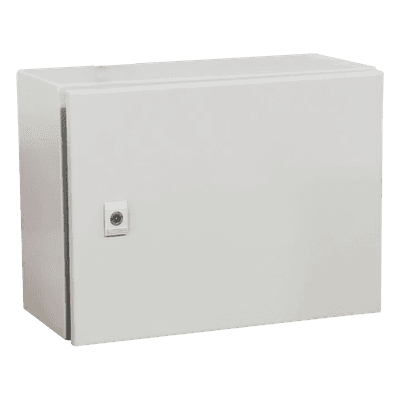Gabinete de Acero IP66 Uso en Intemperie (400 x 300 x 300 mm) con Placa Trasera Interior Metálica y Compuerta Inferior Atornillable (Incluye Chapa y Llave T). Ideal para Centros de Carga y Tableros de Control.