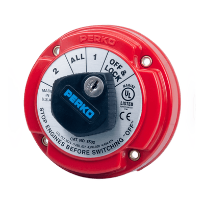 Switch Selector de Batería Marina PERKO 8502 con Llave / 250A Continuos 360A Intermitentes / 6-32 VCC / Selector 1-2-Both-Off / Bloqueo con Llave / Encendido Protegido