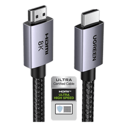 Cable HDMI 2.1 de 8K@60Hz | 2 Metros (6.56 Pies) | 48Gbps | HDR10+ | 3D Inversivo | eARC | Dolby ATMOS | VVR | QMS | QFT | ALLM | 3 Modos de Visualización | Certificado HDMI 8K | Niquelado | Nylon Trenzado | Carcasa de Aluminio