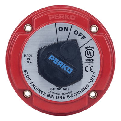 Interruptor de Desconexión de Batería Marina PERKO 9601 / 250A Continuos 360A Intermitentes / 6-32 VCC / Encendido Protegido / Desconexión de Alternador / Seguridad con Llave