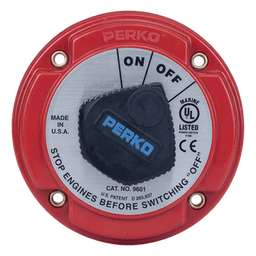 Interruptor de Desconexión de Batería Marina PERKO 9601 / 250A Continuos 360A Intermitentes / 6-32 VCC / Encendido Protegido / Desconexión de Alternador / Seguridad con Llave