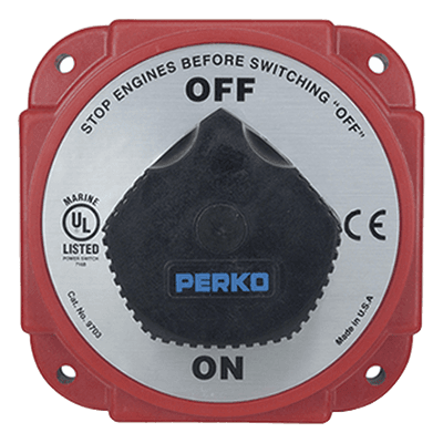 Interruptor Desconexión Batería 9703 con Desconexión Campo Alternador, 480 Amperios Continuos, 1200 Amperios Intermitentes, 6-32 VDC, Terminales 1/2 Pulgada, Montaje Marino