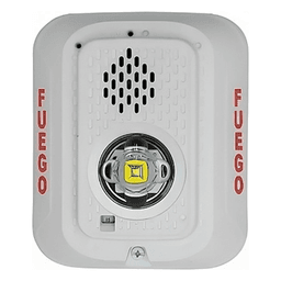 Sirena con Lámpara LED Estroboscópica / a 2 Hilos / Montaje en Pared / 24 Vcd / Configuración Estroboscópica Seleccionable / Texto en Español / Color Blanca 