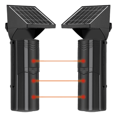 Detector Fotoeléctrico Solar de 3 Rayos / 100 m Exterior / 4 Frecuencias / Batería de Litio 4,000 mAh / Sincronización Digital