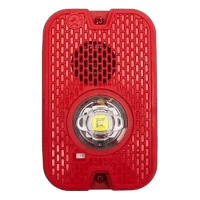 Sirena con Lámpara LED Estroboscópica / 2 Hilos / Montaje en Pared / 16 a 24 Vcd / Configuración Estroboscópica Seleccionable / Texto en Inglés / Color Rojo / Uso exterior