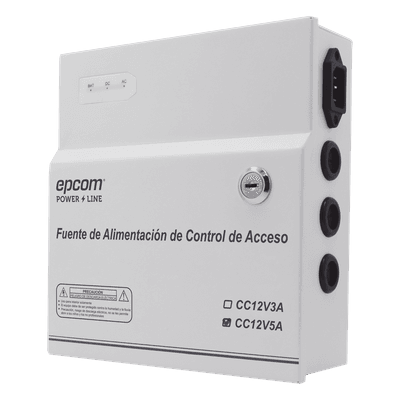 Fuente de Poder / 1 Salida 11-15 Vcc /  5 A / Temporizador Integrado / Con Capacidad de Batería de Respaldo / Requiere Batería / Aplicaciones en sistemas de control de Acceso 