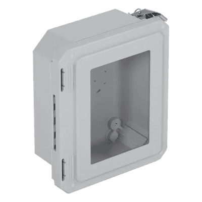 Caja Impermeable De Fibra De Vidrio, 8.77" (22.27cm) Alto x 6.77" (17.19cm) Ancho x 4.06" (10.31cm), Con Ventanilla, Listado UL/cUL, Hecho En EE.UU, Serie EnviroArmour®