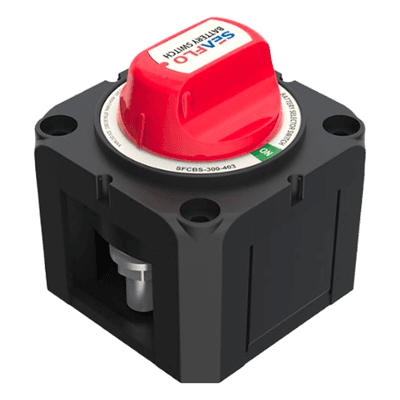 Interruptor Desconexión Batería Monocircuito ON/OFF, 275A DC Continuo, 900A DC Arranque, Terminales Cobre Estañado, IP68, Montaje Superficie/Panel, Cumple ABYC/UL/SAE