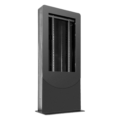Kiosko modo Vertical para interior color Negro / Soporta Pantallas de 65" hasta 4" de Profundidad / Estructura de Acero con Placa Base 3/8" / 6 Salidas Supresor de Picos UL/cUL / Ventilación Termostática / Puertas de Acceso Se